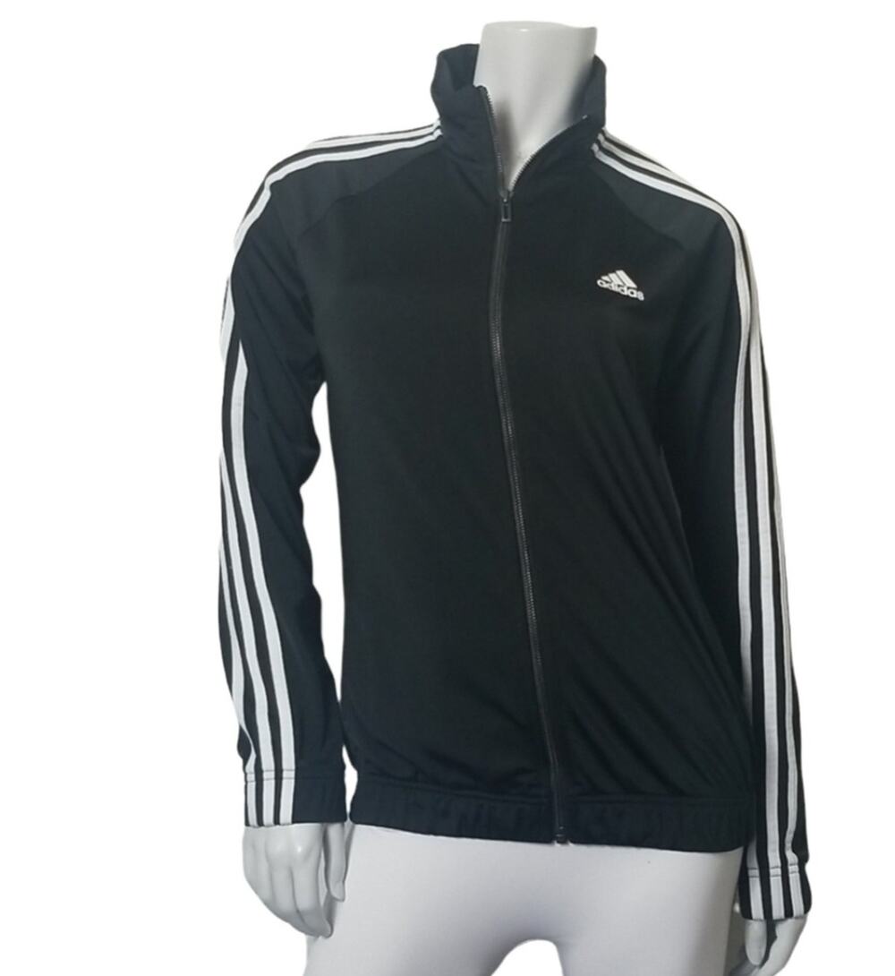 Adidas Sz. Medium Jacket Black Full Zip Satin Finish Three Stripe Coat
